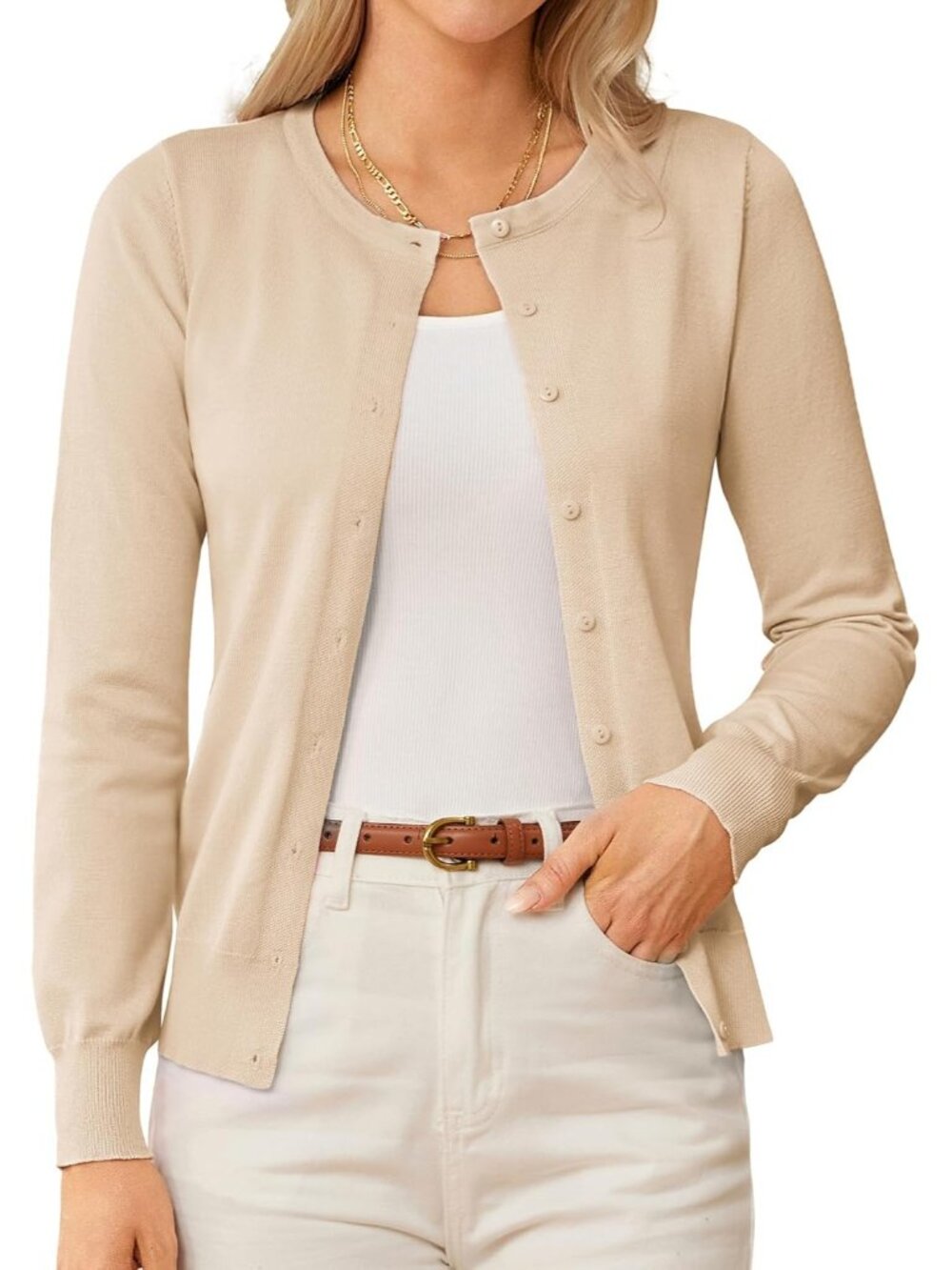 🆕Women's Beige Lightweight Knit Cardigan Sweater Crew Neck Button Front